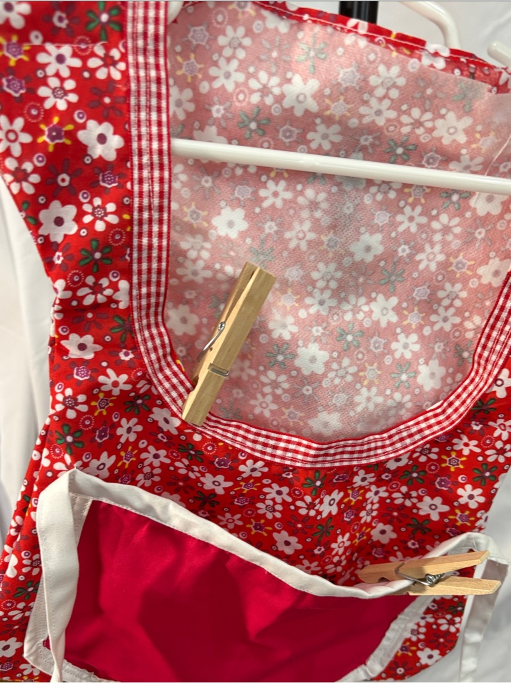 Hand Crafted Red Floral Apron-Style clothes pin holder
